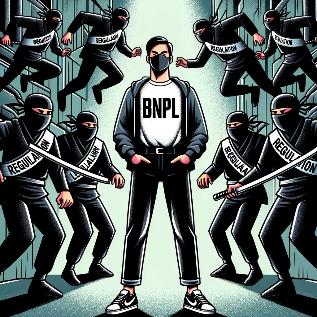Illustration of a person standing confidently in the center, wearing a tee shirt with the bold letters 'BNPL' on it.